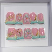 Tips Kuku Bentuk Bebek Buatan Tangan Pink Teal Gradasi Emas Bintang Laut 3D Bunga Daun 10 Pcs Full Coverage Kuku Tempel