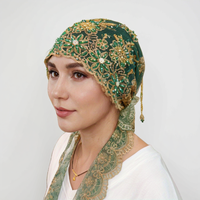 Foulard Islamique Premium 2025 à Pompon Queue de Poisson - Bonnet de Prière en Dentelle Florale Fait Main avec Ruban à Nouer