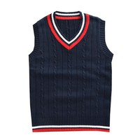Gilet sans manches en tricot épais col en V style preppy automne/hiver, uniforme scolaire, couleur contrastante, coton-polyester