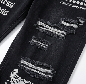 Jeans <span class=keywords><strong>de</strong></span> Mezclilla Anchos con Estampado Artístico y Diseño Desgastado <span class=keywords><strong>de</strong></span> Cintura Media <span class=keywords><strong>para</strong></span> Hombre, Estilo Urbano, Hip Hop, Invierno, Marca Wangsheng - Product Image 4
