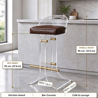 Tabouret de bar moderne en acrylique transparent avec coussin en cuir, dossier et repose-pieds en acier inoxydable doré pour bar à domicile ou salon