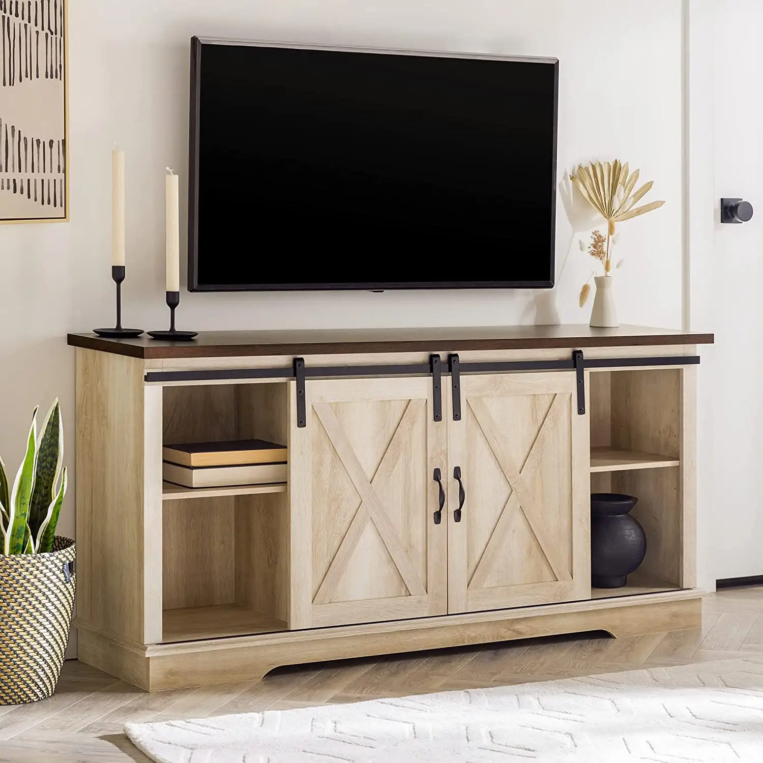 Barção aberta de madeira design moderno, mas móvel 58 polegadas deslizante armário de tv