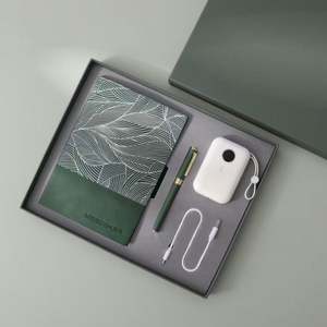 High End Elegant Leaf Pattern <b>Stitched</b> PU Leather Notebook <b>Pen</b> Set with 10000mAh Power Bank with logo Print for Corporate Item - Product Image 1