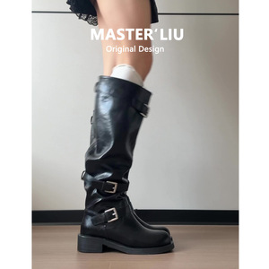 Bottes hautes noires en cuir pour femme avec boucle, talon carré épais, bout rond, style décontracté vintage western - Product Image 3