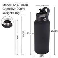 Bouteille d'eau en acier inoxydable avec 3 couvercles, poignée durable pour le camping, double paroi isolée, bouteille à boisson de 32 oz avec couvercle