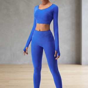 Conjunto de Leggings de Cintura Alta y Top Corto de Manga Larga para Mujer, Color Sólido, Spandex, Poliéster, Ropa de Yoga - Product Image 1