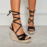 Sandales compensées confortables pour femme, style espadrille, à lacets, talons hauts, collection été 2025