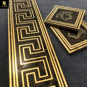 Spingletile Foshan Building Materials Black Wood Grain Border Floor Design Patterned Porcelain Golden Matte Ceramic Border Tile