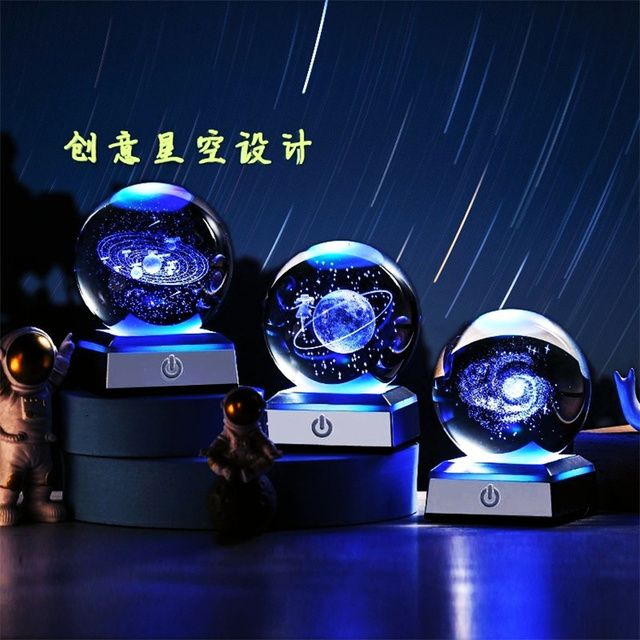 60mm 80mm Solar System Planet Glass Sphere 3D Laser Engraved Crystal Ball Square Base Led Night Lamp