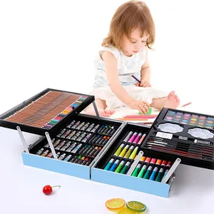 Ensemble de fournitures d'art 145 peinture pour enfants stylo aquarelle crayon de couleur double boîte en bois ensemble d'art en gros