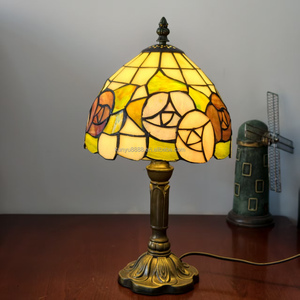 8" Rose Design Resin Base Stained Glass Hand-Crafted European Style Antique Table <b>Lamp</b> for Living Room <b>Bed</b> Room Study Room Decor - Product Image 4