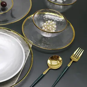 Wholesale Clear Glass Charger Plates With Gold Rim European Style Dish Plates Dinnerware Set For Hotel