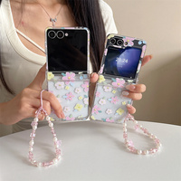 Coque de téléphone imprimée florale pastel Cottagecore pour Galaxy Z Flip 8-3 avec sangle mignonne en perles de cristal, housse de protection pliable