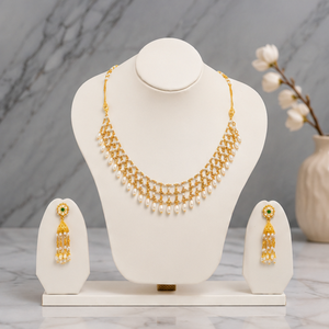Traditional gold pearl drop <b>necklace</b> set with <b>delicate</b> chain design and matching earrings Indian ethnic bridal jewelry - Product Image 1