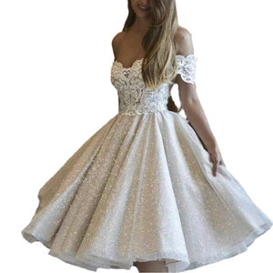 Vestido <span class=keywords><strong>de</strong></span> <span class=keywords><strong>novia</strong></span> vestido <span class=keywords><strong>de</strong></span> <span class=keywords><strong>novia</strong></span> fuera del hombro cuello en V espalda descubierta estilo corto encaje bordado chispeante Sexy elegante vestido <span class=keywords><strong>de</strong></span> aspecto sencillo - Product Image 4
