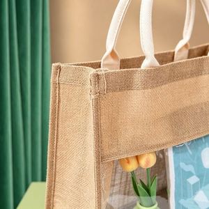 DIY Printing Logo Transparent PVC Window Jute Tote Bag Vintage <b>Retro</b> Eco Friendly Reusable Handbag for <b>Gift</b> Shop - Product Image 4