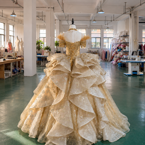 Mc020 Elegant Gold Quinceanera Gown Beaded Bodice Glitter Lace Applique Princess Ball Dress Tiered Party Natural for - Product Image 3