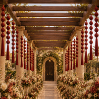 Décoration de plafond de mariage en macramé noué avec des fleurs artificielles pour réception en tente extérieure, lustre bordeaux