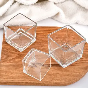 In Stock 50ml 100ml 300ml 600ml Square Glass Candle Jars With Square Wood Bamboo Lid