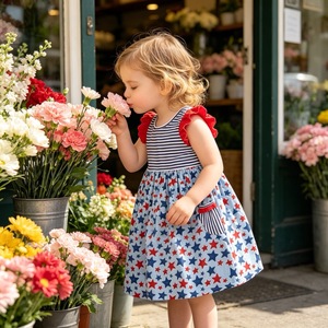 Ventes chaudes Robes à imprimé étoiles et rayures pour filles américaines avec poches Robe pour bébé fille à manches courtes pour le 4 juillet Vêtements pour filles Robe pour bébé - Product Image 5
