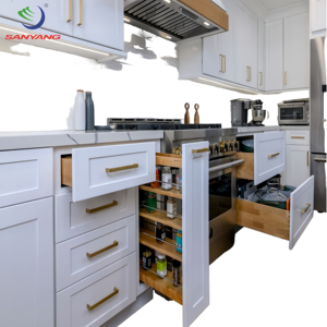 Armoires de cuisine modulaires personnalisées en bois massif à lattes <span class=keywords><strong>avec</strong></span> îlot en acier inoxydable pour la rénovation d'appartements modernes - Product Image 1