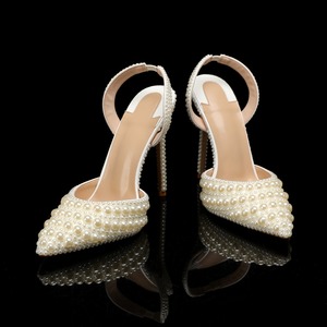 Big Size <b>Ladies</b> Full Pearl Decorated High Heels Pointed Toe Slingback <b>Pumps</b> Elegant <b>White</b> Dress Shoes Women Sexy Heeled Sandals - Product Image 5