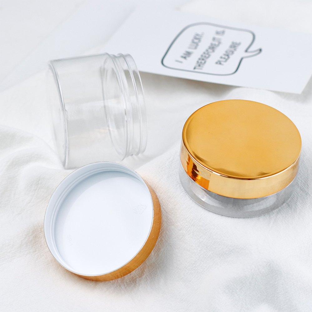 Luxury Plastic Container Jars with Gold Lids 20ml 30ml 50ml 60ml Empty Face Cream PET Powder Jars Skin Care Packaging