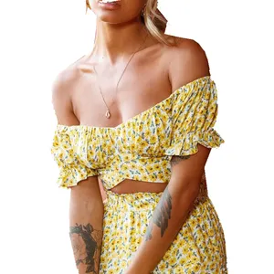 Sexy Club Floral Print Ruffle Puff Short Sleeve Tie Up Ruched Sashes Back Off The Shoulder Women Summer Trendy Cop Tops