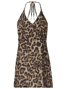 Gaun mini Backless macan tutul dasi leher gantung seksi Musim Panas 2024 gaun Fashion wanita grosir
