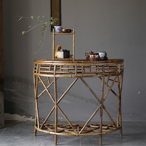 Table console demi-lune en bambou, faite à la main, table d'entrée polyvalente pour salon, support à fleurs, style classique - Product Image 1