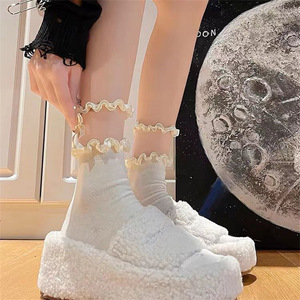 <b>White</b> <b>Lace</b> Slouch Socks Women Mid Calf Breathable Cotton Lolita Style Summer Casual Socks With Ruffle Detail - Product Image 3
