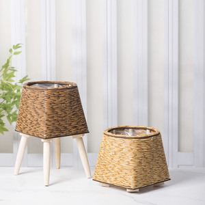 Nordic Style Imitation Rattan Flower <b>Pot</b> <b>Stand</b> Square Plastic Wood Indoor Desktop Planter For Flower Green Plant Decoration - Product Image 1