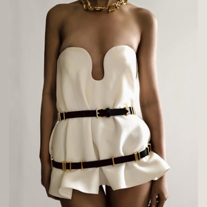 Nuevo Estilo, Vestido Mini Casual de Alta Calidad para Mujer, Sin Mangas, Ajustado, con Aberturas, Cintura Ajustada con Doble Cinturón - Product Image 2