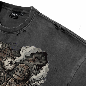 Camiseta de manga corta para hombre con estampado de ciervo y letras 'Forest Is Safe', efecto lavado y desgastado, estilo oversize streetwear - Product Image 6