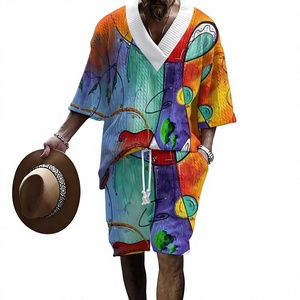 Men's Flame Printed V-Neck Knitted Casual Shirt and <b>Shorts</b> Summer Style 100% <b>Polyester</b> Digital Printing - Product Image 6
