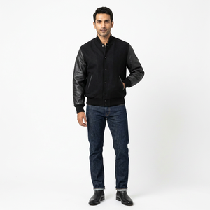 Hot Selling Custom Cool Style <b>Fleece</b> Winter Men's Varsity <b>Jacket</b> Stand Collar Front Logo 100% Cotton Breathable Customizable - Product Image 1