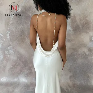 LIANMENG A439 Vestido de noiva de cetim sem mangas sem costas branco simples atacado Designer Vestido de noiva de trem longo