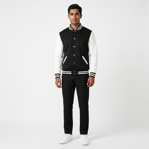 FINER THREADS Custom Canvas Varsity <b>Jacket</b> Black Body <b>White</b> Sleeves Unisex Letterman Stand Ribbed Cuffs Hem Snap Button Baseball - Product Image 1