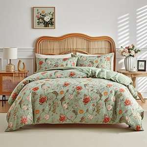 طقم غطاء لحاف وغطاء وسادة بنمط نباتي زهري خفيف من 3 قطع، ناعم وقابل للتنفس، تصميم بسيط من البوليستر للمنزل والفنادق - Product Image 6