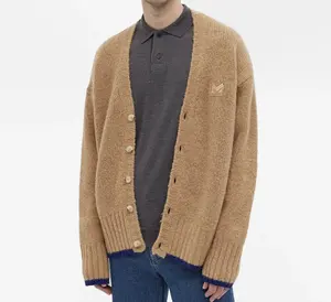 Cardigan en laine cachemire pour hommes, logo personnalisé, broderie marron, col en v, luxe, épais, pull peigné, automne