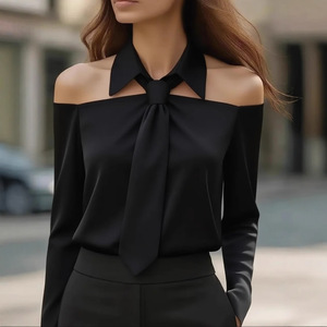 Großhandel Einfarbige Lässige Vielseitige Damen-Bluse mit Kragen und Schleife, Schulterfreies Design, Langarm, Satin - Product Image 4