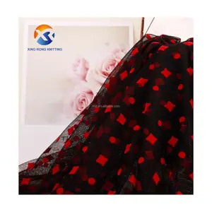 High Quality 100% Polyester Red Dot Flocked Tulle Fabric Factory Wholesale Mesh Garment Wedding