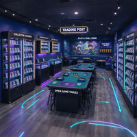 Vitrines de présentation personnalisées pour magasins de cartes à collectionner, aménagement de boutiques de détail avec éclairage LED, présentoirs muraux et tables de jeu