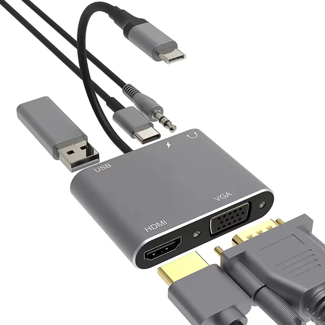 แท่นต่อขยายตัวแบบ5 In 1 Type C Hub,แท่นต่อสำหรับแล็ปท็อป Docking Station Type C เป็น VGA USB 3.0 SD RJ45 PD
