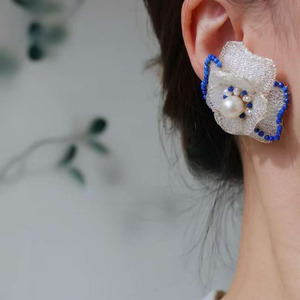 14K Gold Filled Floral <b>Stud</b> Earrings, Italian Metal Lace Handmade Earrings With Natural Freshwater Pearl & Lapis Lazuli - Product Image 1