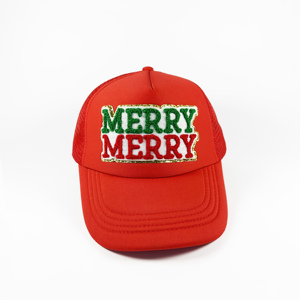 Vui Vẻ Giáng Sinh Lưới Cap Bọt Brim Visor <span class=keywords><strong>Flock</strong></span> Foil In Lễ Hội Hat 5 Bảng Điều Chỉnh Màu Đỏ Rắn Màu Cap - Product Image 2