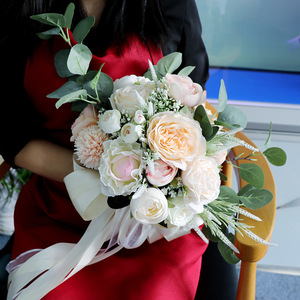 Bouquet de mariée de pivoine rose de feuilles d'<span class=keywords><strong>eucalyptus</strong></span> de forêt de mariage, bouquet de mariée en gros de fleur de soie rose de champagne artificiel - Product Image 3