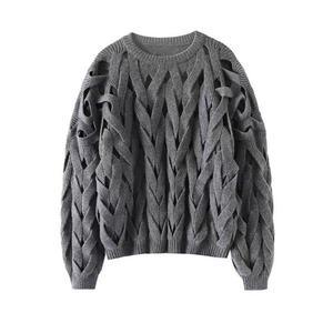 Pull décontracté pour femme en maille <span class=keywords><strong>ajourée</strong></span> à col rond avec logo frontal, haute densité de fibres (GSM élevé) - Product Image 2
