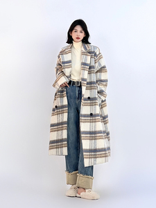 Abrigo de Lana con Solapa a Cuadros y Manga Larga para Mujer, Estilo Coreano Otoño Invierno, Elegante Cárdigan Holgado de Alta Gama - Product Image 3