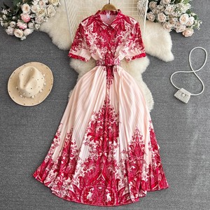 Abito lungo da donna elegante a maniche corte con risvolto, cintura in vita, monopetto, stampato, plissettato, linea ad A, ampia gonna, casual, per tutti i giorni e feste - Product Image 1
